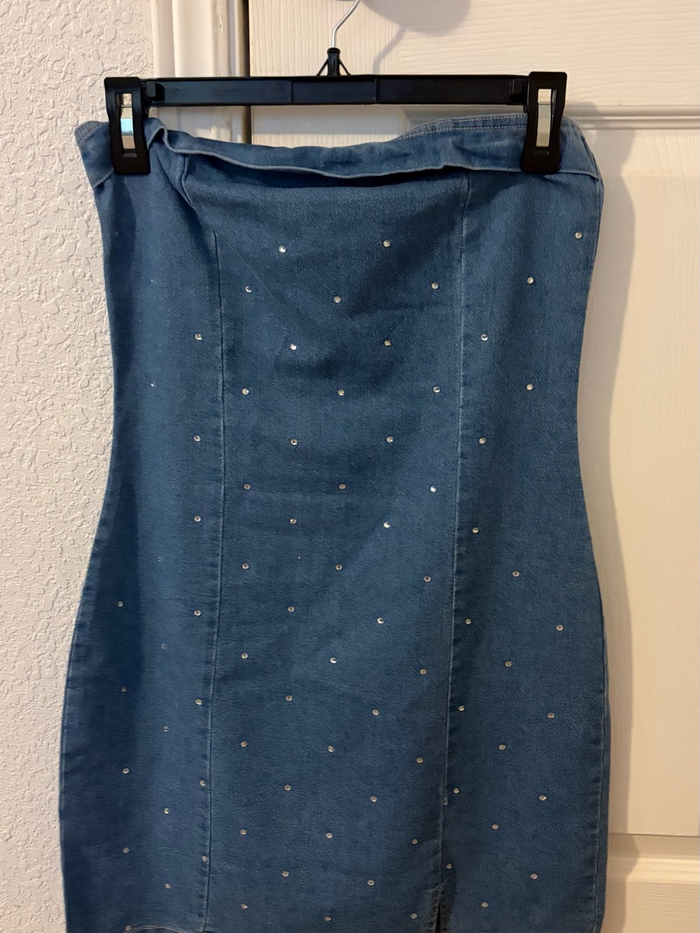Strapless Denim Midi Dress with Stud Detail - Blue